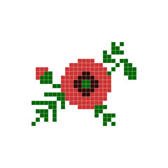 8 bit pixel floral poppy. Vector graphic flowers.