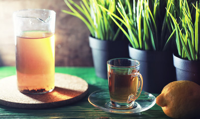 Brewing tea on a wooden table