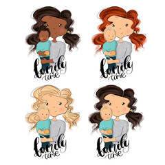 Set Blonde Brunette African American Red Hair Womans With Child Isolated On A White Background Family Time Hand Drawn Illustration