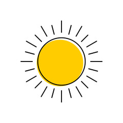 Abstract yellow sun thin line icon with rays isolated on white background