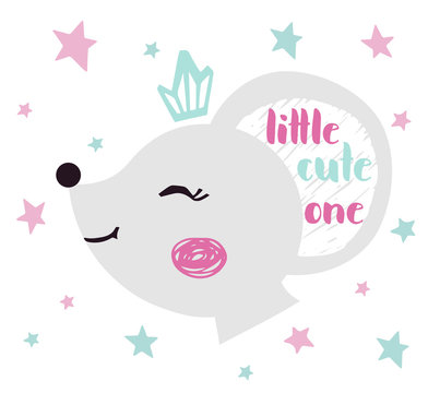 Mouse baby girl face cute print. Sweet animal head with crown and little cute one nice slogan.
