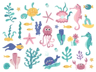 Stickers muraux Sous la mer Ensemble de plantes marines et habitants aquatiques