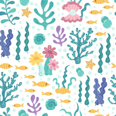 Fototapeta na wymiar Seamless pattern with seaweed and fish