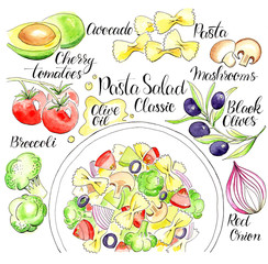 Italian food pasta salad set in watercolor with lettering