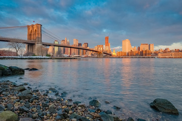 Manhattan Skyline from Pebble Beach in Brooklyn, United States.