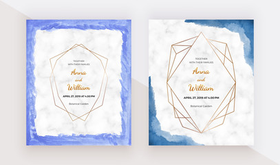 Blue brush stroke border watercolor texture with golden polygonal lines frames on the marble texture. Modern hand painting template for wedding invitation, banner, flyer, save the date, greeting.