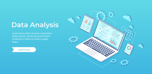 Data analysis. Analytics, statistics, audit,  research, report. Web online and mobile service. Financial reports, charts graphs on screens of laptop, phone, tablet. Business isometric illustration