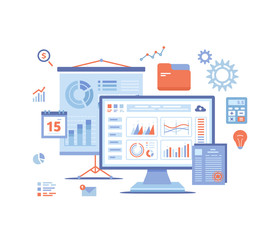 Data Analysis, Accounting, Analytics, Report, Research, Planning. Charts, diagrams, graphs on the monitor screen, projector screen. Vector illustration on white background.