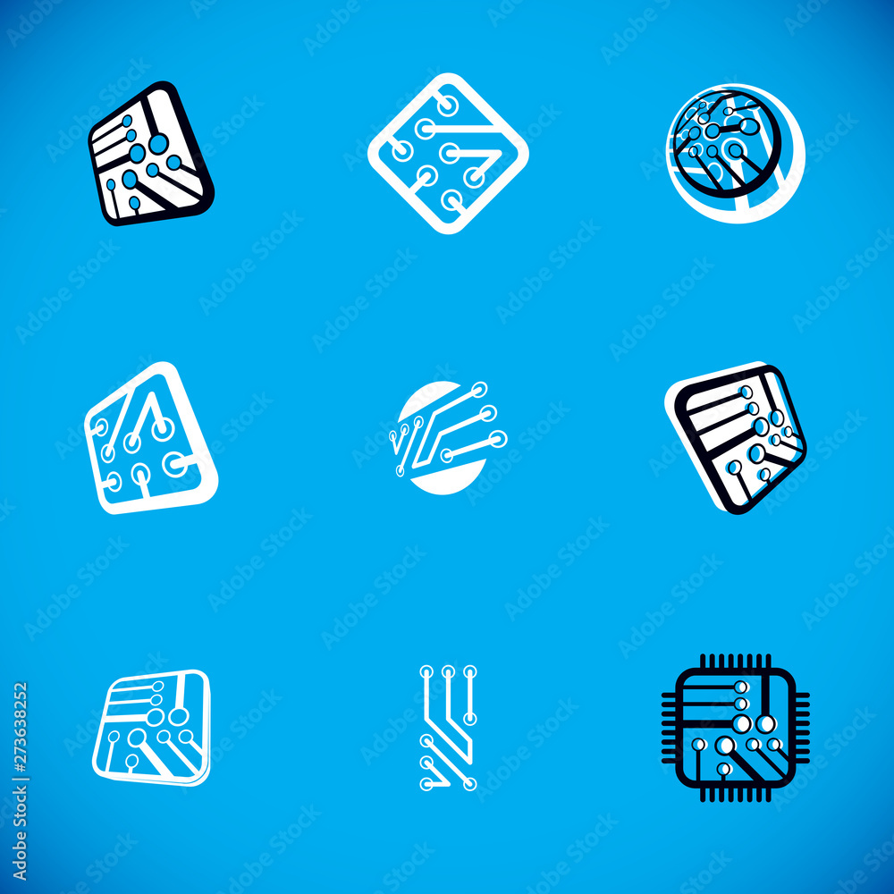 Poster set of microprocessor scheme abstract logotypes. futuristic cybernetic vector motherboard. digital e