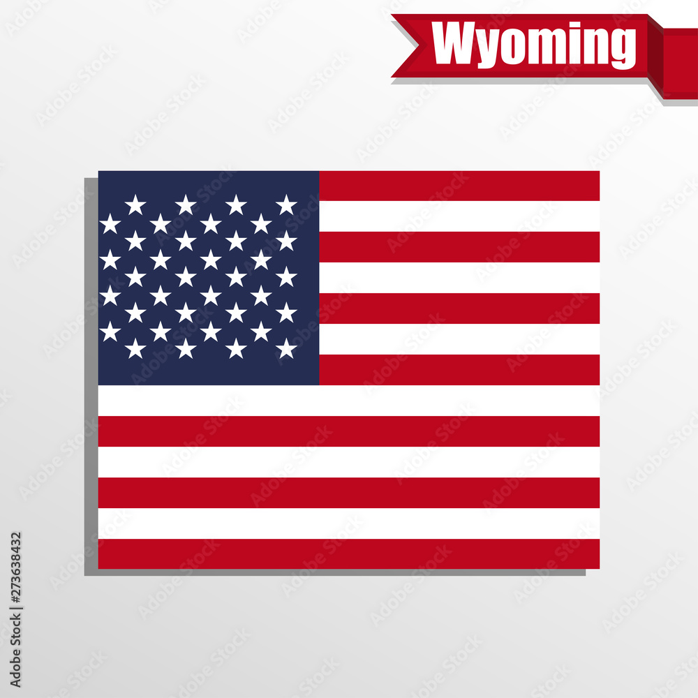Poster Wyoming State map with US flag inside and ribbon