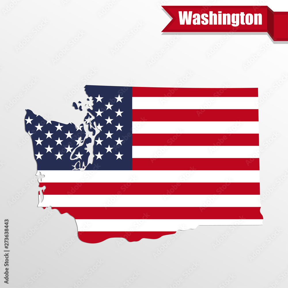 Poster washington state map with us flag inside and ribbon