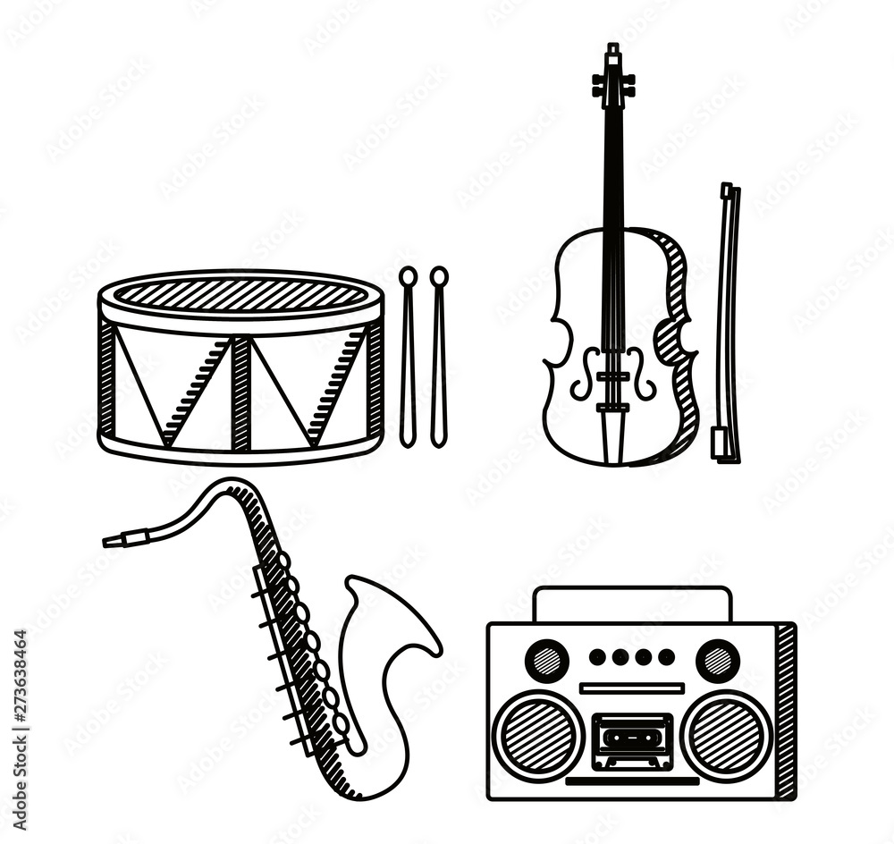Poster set of drum with violin and saxophone instrument with radio