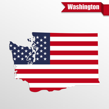 Washington State map with US flag inside and ribbon