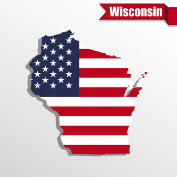 Wisconsin State map with US flag inside and ribbon