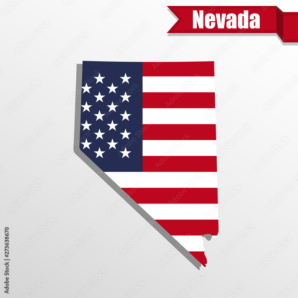 Poster nevada state map with us flag inside and ribbon
