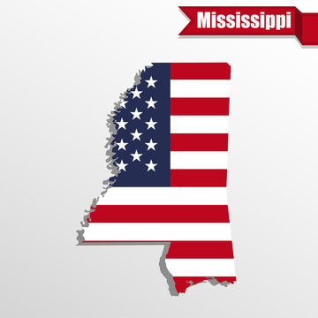 Mississippi State map with US flag inside and ribbon