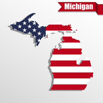 Michigan State map with US flag inside and ribbon