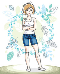 Happy pretty young blonde woman standing on background of spring ecology landscape with delicate blue leaves and wearing fashionable casual clothes. Vector character.
