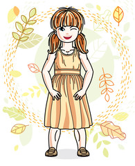 Cute happy little red-haired girl posing on background of autumn landscape and wearing fashionable casual clothes. Vector character.