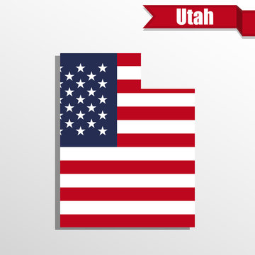 Utah State map with US flag inside and ribbon
