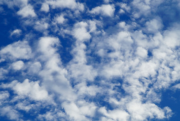 Blue sky with cumulus clouds in bright sunny summer weather.