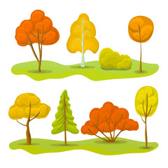 Autumn Trees and bush Set. Vector Illustration of cartoon autumn forest trees, bushes and ground.Hand drawn vector trees.