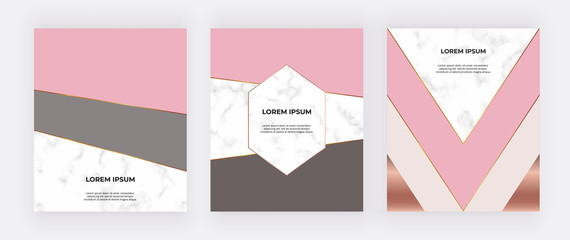 Geometric cover design with pink, gray triangles golden lines on the marble texture. Modern backgrounds for menu, banner, card, flyer, invitation, product package, brochure, business