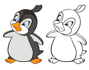 Vector Illustration of a Cute Cartoon Character Penguin for you Design and Computer Game. Coloring Book Outline Set 