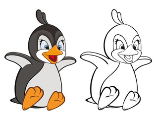 Vector Illustration of a Cute Cartoon Character Penguin for you Design and Computer Game. Coloring Book Outline Set 
