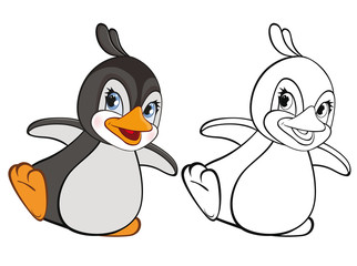 Vector Illustration of a Cute Cartoon Character Penguin for you Design and Computer Game. Coloring Book Outline Set 