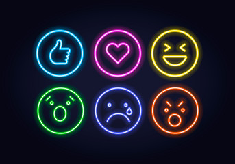 Vector neon icon set for social media. Thumb up, heart and smiles illuminated glowing symbols in circle frame isolated on black. Emoticon element of UI design for web, promotion, advertisment. © tasty_cat