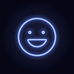 Vector neon icon for social media. Blue laughing happy illuminated shine symbol in circle frame isolated on black. Emoticon element of UI design for web, promotion, advertisment.