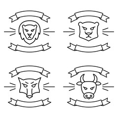 Set of icons or logos with ribbons, with wild and farm animals Vector illustration in linear style