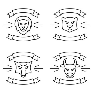 Set of icons or logos with ribbons, with wild and farm animals Vector illustration in linear style