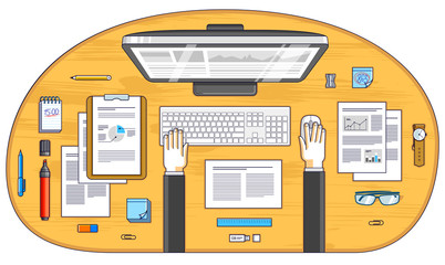 Business analysis, office worker or entrepreneur businessman working on a PC computer and papers with financial analytics, top view of work desk with stationery and documents and hands. Vector.