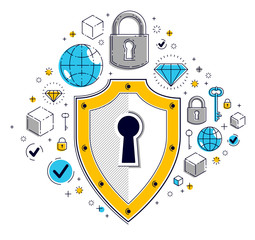 Shield and set of icons, internet security concept, antivirus or firewall, finance protection, vector flat thin line design, elements can be used separately.