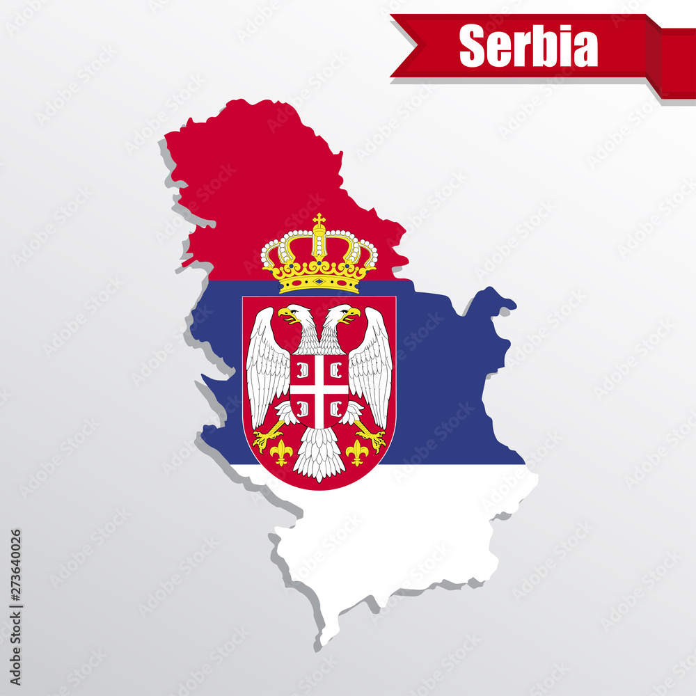 Poster serbia map with flag inside and ribbon