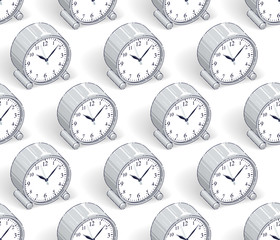 Alarm clocks seamless background, timer, deadline hurry and wake up concept, vector wallpaper or web site background.