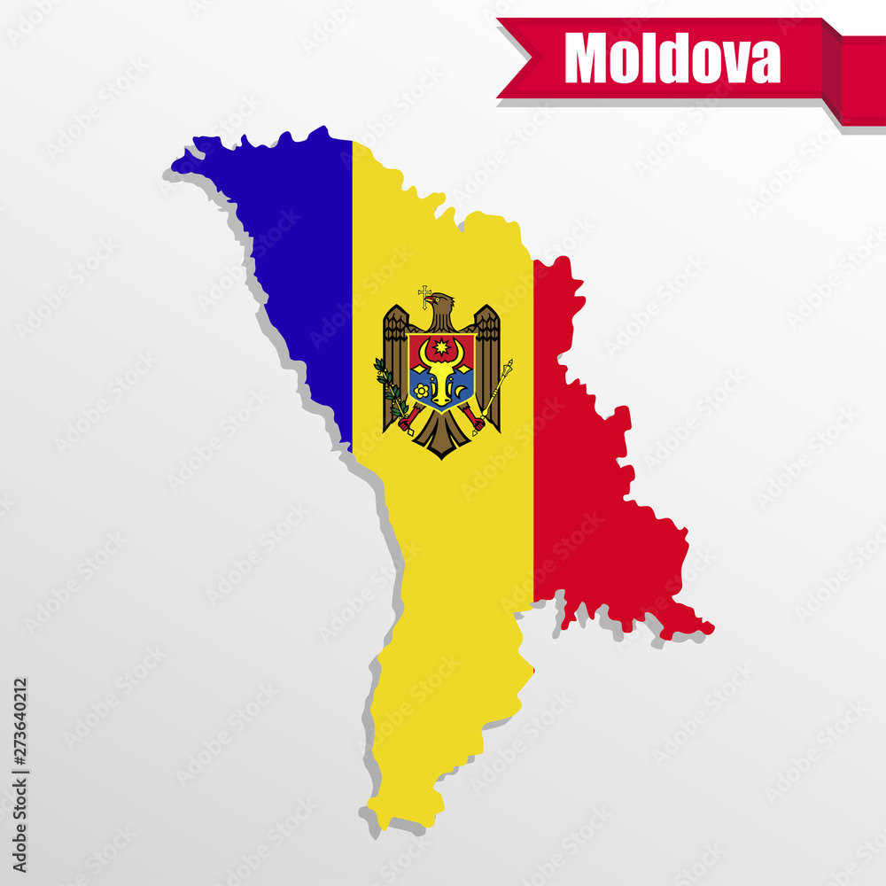 Poster moldova map with flag inside and ribbon