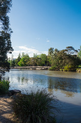 Wooden causeway crossing Ringwood Lake in the outer eastern suburb of Ringwood, Melbourne.