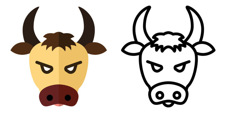 Set of icons - logos in linear and flat style The head of a bull. Vector illustration