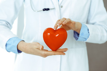 Female doctor with stethoscope holding heart in her arms. Healthcare and cardiology concept in...