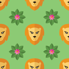Seamless pattern for textiles with lions and flowers on a light, green background. Vector illustration in flat style © Sergey