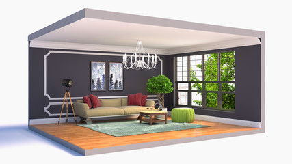Fototapeta na wymiar Interior of the living room in a box. 3D illustration