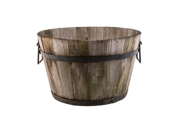 Vintage wooden flowerpot isolated on white background with clipping path