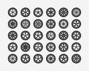 Set tires and wheels. Disc wheel car icon vector.