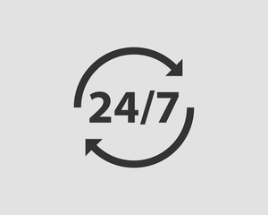24/7 icon vector. 24 hour service clock.