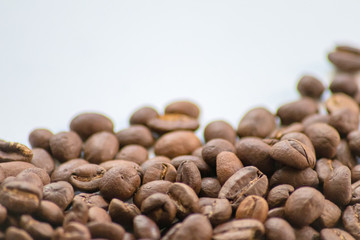 Ganze Kaffeebohnen vor neutralem Hintergrund symbolisieren Kaffeegenuss für echte Kaffeeliebhaber