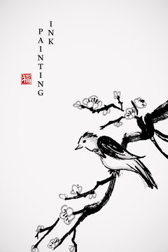 Watercolor ink paint art vector texture illustration plum blossom branch and little bird. Translation for the Chinese word : Blessing
