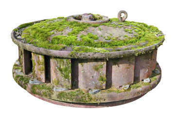 Rusty iron turbine from an old water mill overgrown with green moss isolated © Aleksandr Volkov